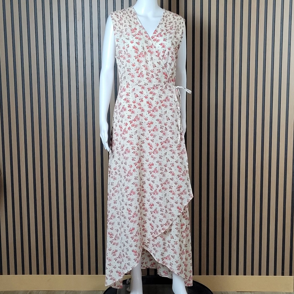 Suzanne Betro Maxi Dress Floral Wrap Cream Pink Smocked High Low XL